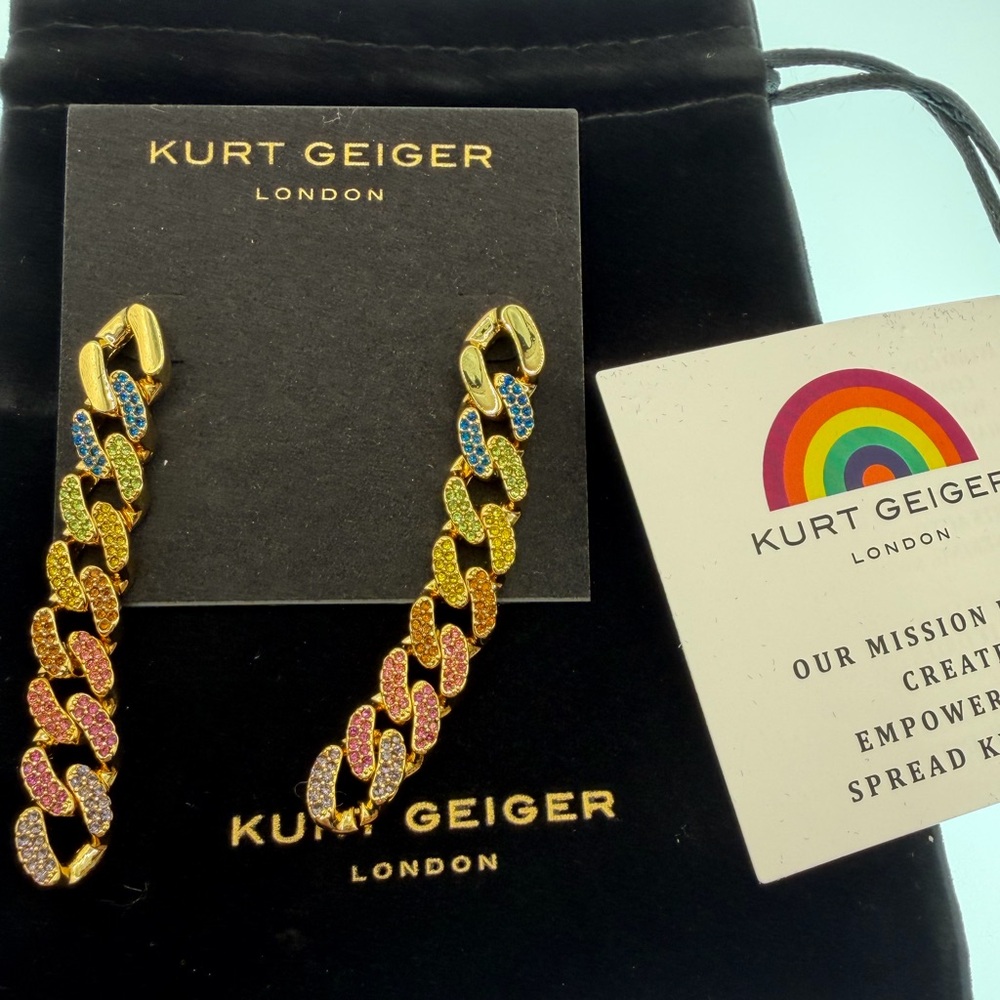 🌈 Kurt Geiger Rainbow Pave link earrings NWT w/ KG dust bag - Picture 12 of 13